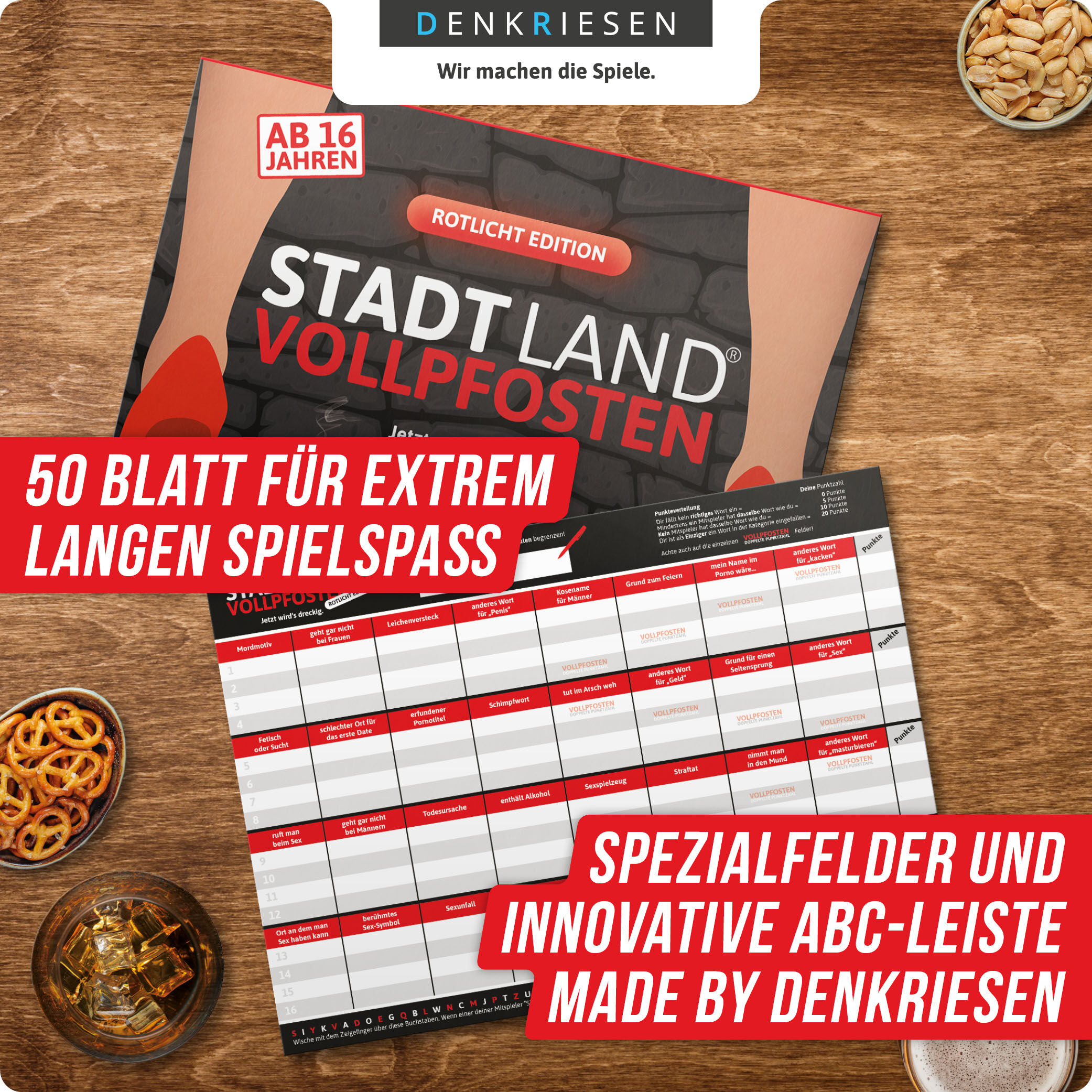 Spiel DENKRIESEN "Stadt Land Vollpfosten, Rotlicht Edition A4 Block", bunt, Spiele, Kinder, Spiel, Made in Germany