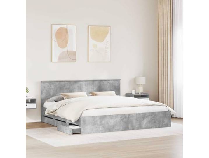 KTHLBRH Bett mit Schubladen, Zementgrau, 200 x 200 cm Technisches Holz, 6 versteckte Schubladen, feste Leisten, quadratische Beine, Unterstützung 200 kg