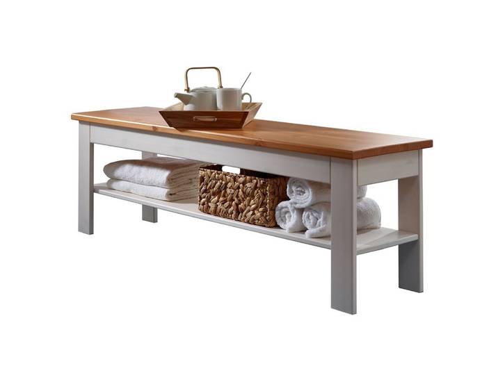 Lomadox Sitzbank SAVONA-69, Kiefer massiv weiß gewachst mit honigfarben, 140x45 cm