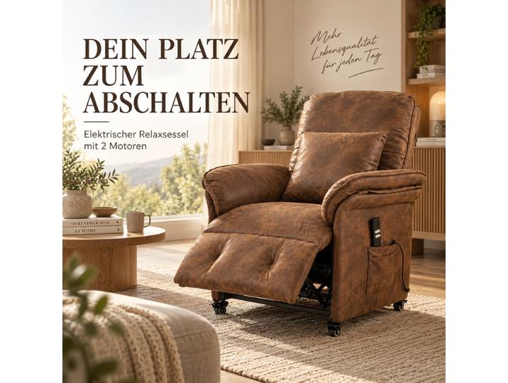 KAUFHOF Elektrische relaxfauteuil met 2 motoren, bruin corduroy Elektrische relaxfauteuil met onafhankelijk verstelbare rugleuning &amp; voetensteun, 95°–175° kantelbaar, vergrendelbare wielen &amp; 2 zijvakken