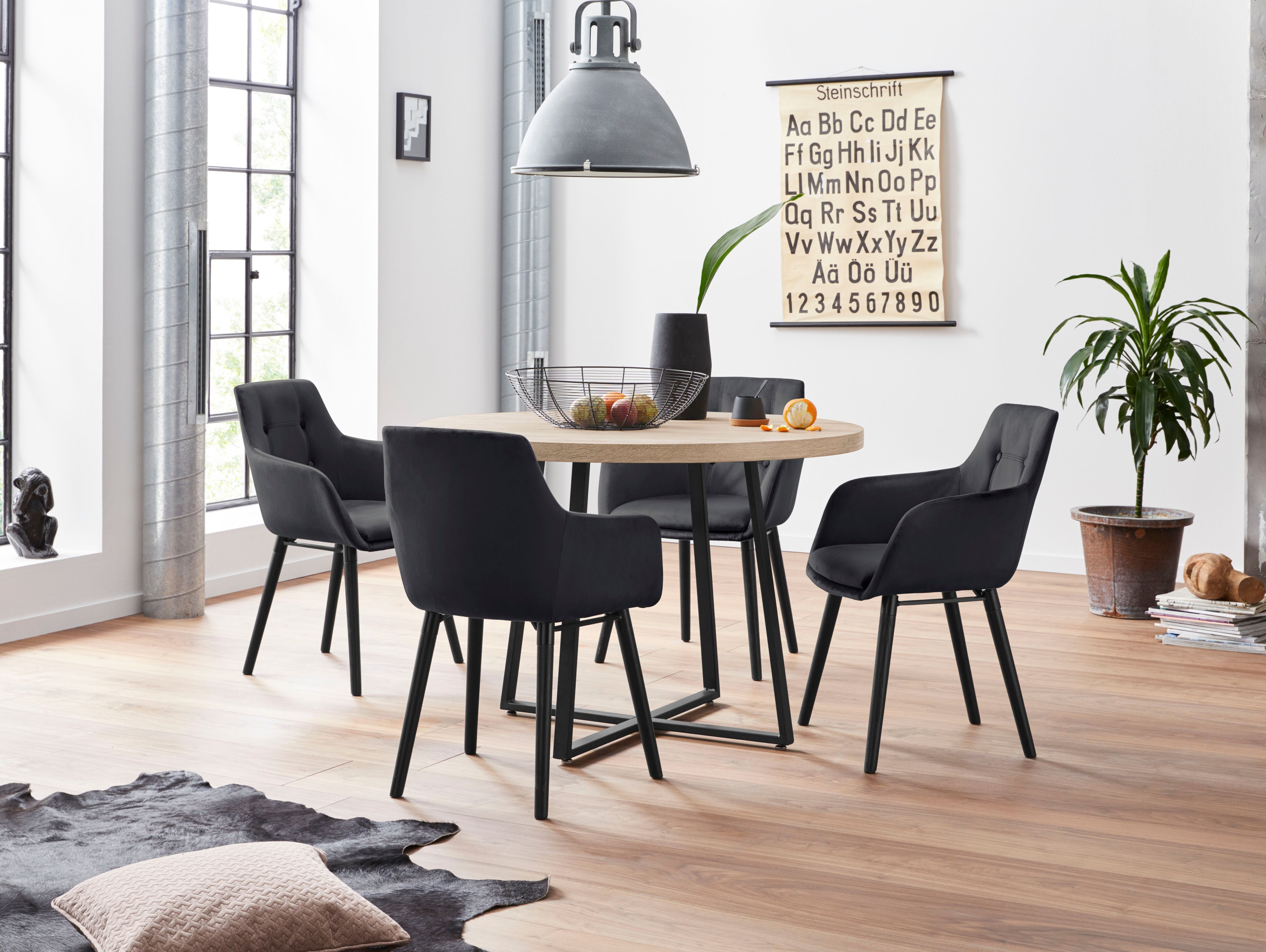 Essgruppe GOODPRODUCT, schwarz (eiche, schwarz), Sitzmöbel-Sets, Essgruppe, mit 4 Stühle eiche, schwarz Einheitsgröße