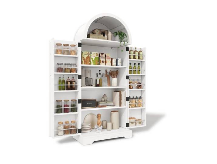 Vitrine buffet haut 2 portes SENVIRO - 70 x 40 x 165 cm en MDF etagere ouverte superieure en arche blanc