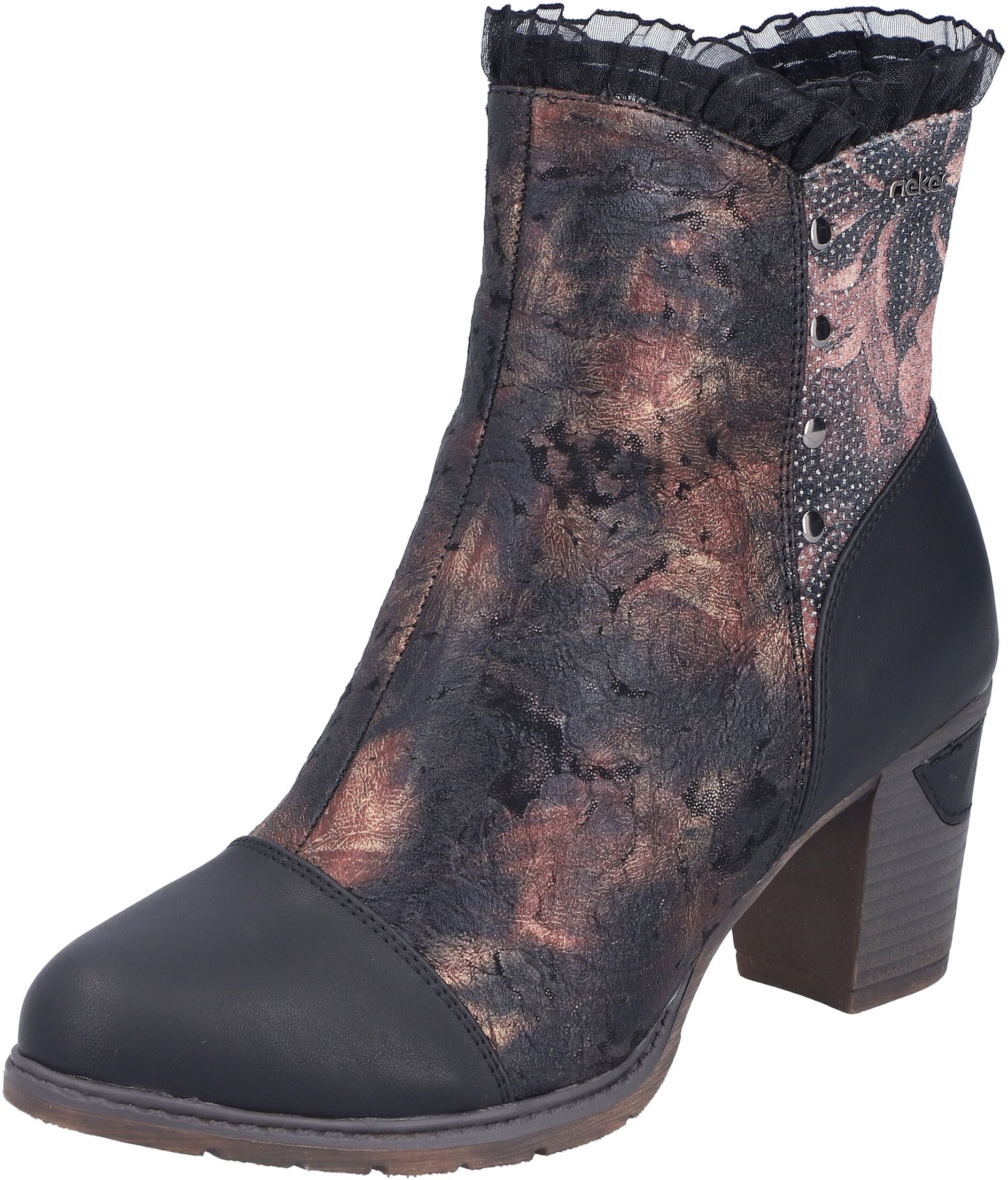 Stiefelette RIEKER, Damen, Gr. 42, bunt (schwarz, antik), Lederimitat, Textil, Antik-Look, Glanzfaden, Schuhe Stiefelette, Trachtenstiefelette, Festtagsstiefelette, Blockabsatz, mit Warmfutter