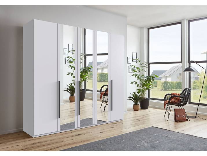 Armoire portes battantes London- Miroir 225cm Blanc/Blanc Confort Noir 3 miroir