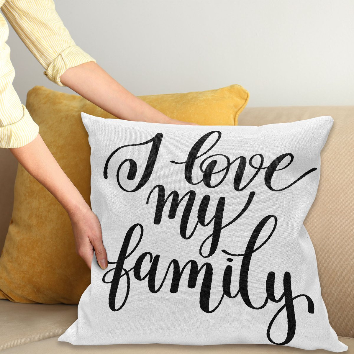 ABAKUHAUS Citaat Kussenhoes Familie Writing, Dubbelzijdige Print met Ritssluiting, Zwart en Wit, 45 x 45 cm