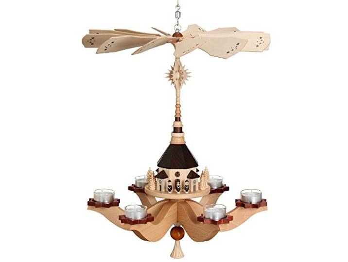 Rudolphs Schatzkiste Hängepyramide Kurrende mit Seiffener Kirche HxLxB 47cmx38cmx38cm NEU Pyramide Minipyramide Holzpyramide Seiffen Erzgebirge Weihnachten Wärmespiel Lichter Figur Holz Flügel