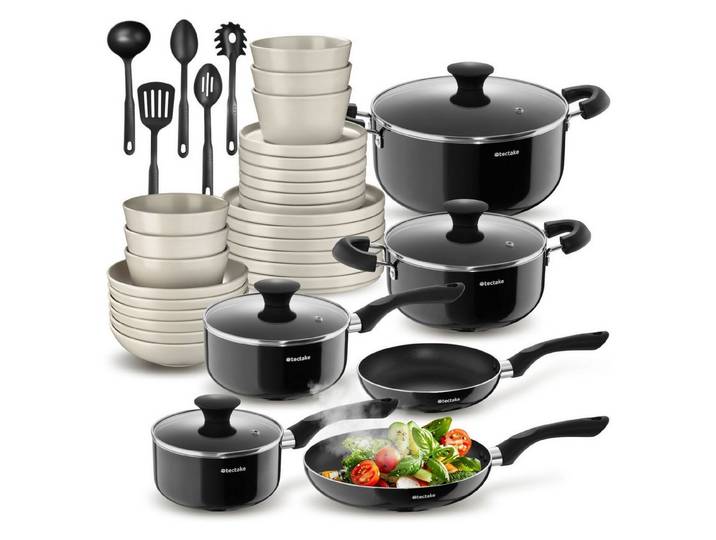 tectake Kochbesteck-Set Küchenset mit Steingut-Geschirr, Aluminium-Töpfen und Pfannen (Una/Varese - für Induktionsherde geeignet, 39-tlg., in Schwarz/taupe), Inkl. Küchenwerkzeuge, hitzebeständig, kratzfest, leichte Reinigung