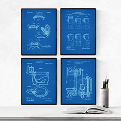 POSTER Set mit 4 BLAU Badezimmer Patent A4 Rahmenlos