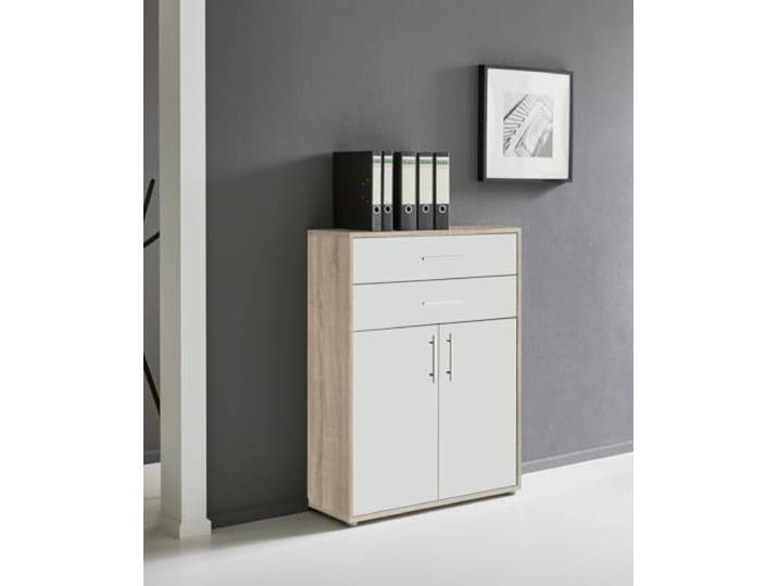 BMG Möbel Schubkastenschrank mit 2 Türen ideal für Büro & Arbeitszimmer wählbar aus 26 verschiedenen Farbkombinationen (Sonoma Eiche - Weiß Matt)