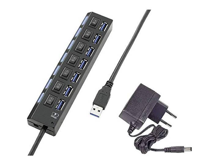 Renkforce USB-hub 7 poorten Individueel schakelbaar, Met status-LED's, Met iPad-laadpoort Zwart