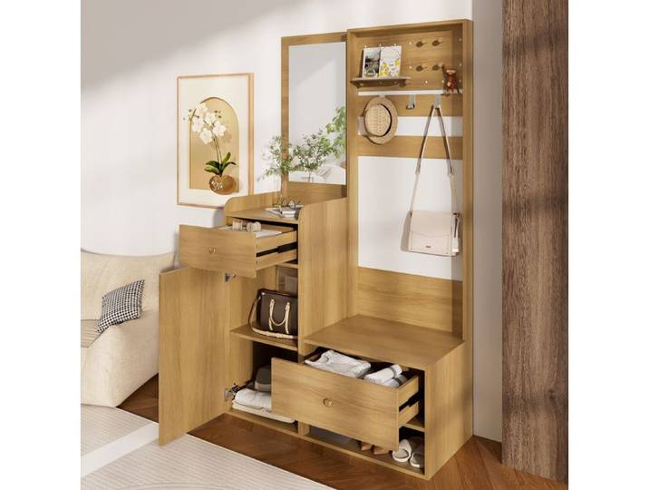 Garderobe d entrée 105x38x180 cm EVRYAE - avec miroir latéral crochets réglables et rangement fermé - Bois