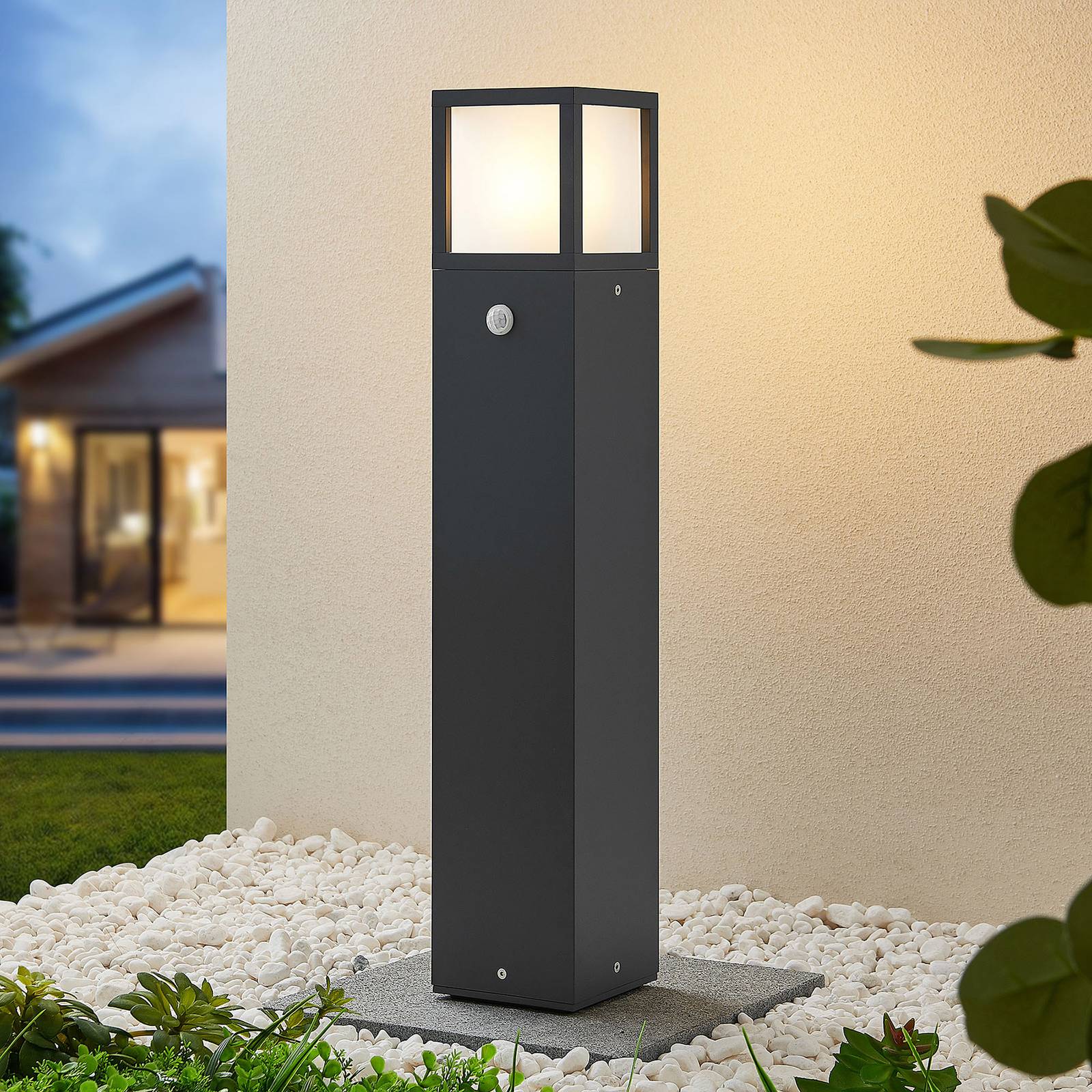 Lucande Dewari path light, motion detector, E27, 65cm, IP54 Lucande, dimmable, Alu / grey / zinc, Aluminium, Modern, Outdoor lights with Sensor