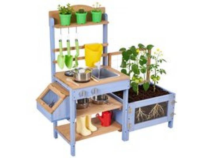 VEVOR Cuisine à Boue 99,5 cm Cuisine Patouille Extérieur Enfant pour Jouer avec Eau et Sable, en Bois, avec Pots Plantation, Boite Observation, Réservoir Eau, Évier, Spatules, Casseroles, Accessoires