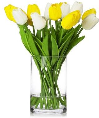 Enova Home 20 Pieces Artificial Real Touch Tulips Fake Silk Flowers Arrangement in Glass Vase with Faux Water for Home Decor