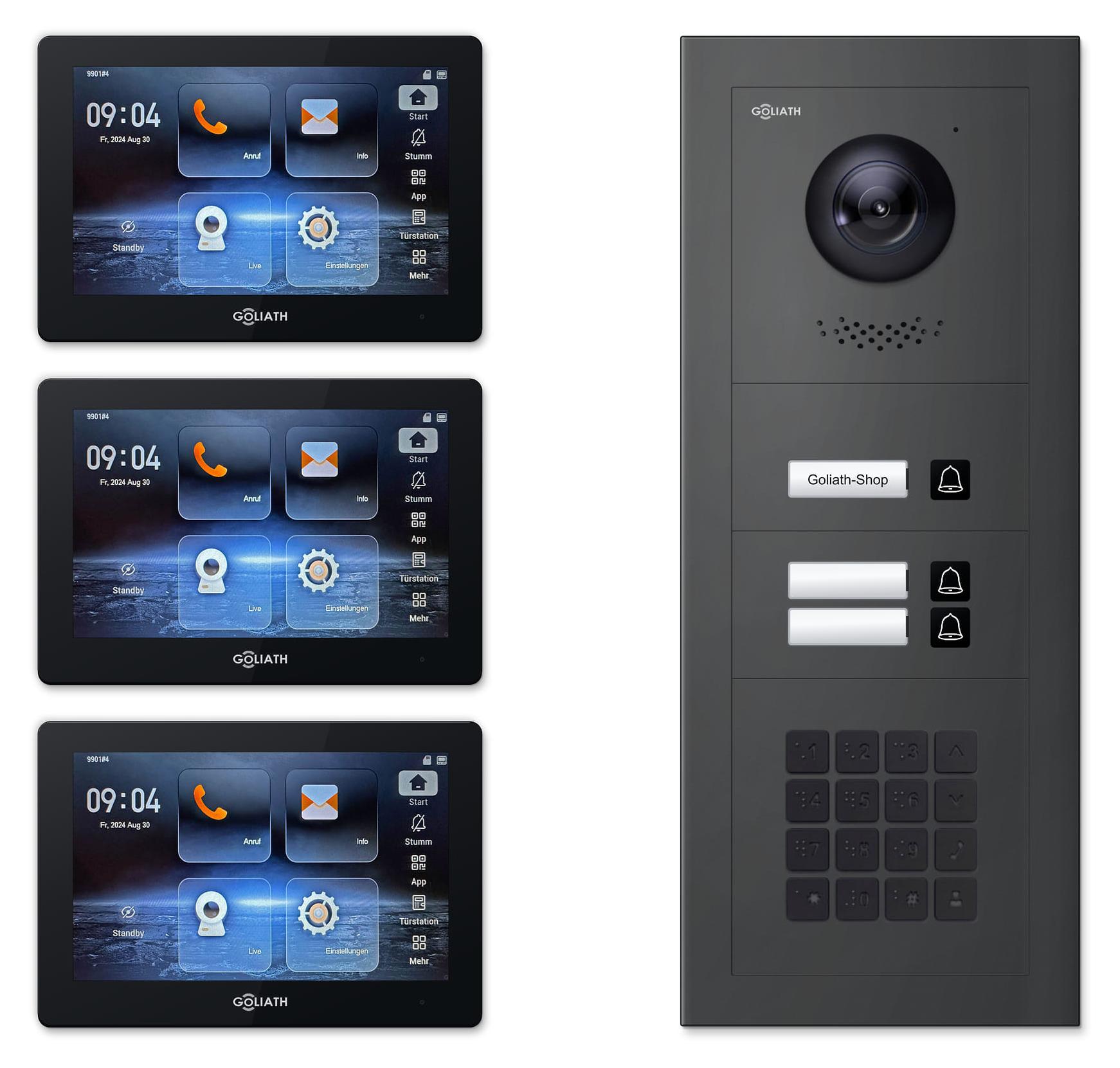 Goliath IP-Video-Türsprechanlage GL-IPH320M für 3 Familien - Zahlencode : 7 Zoll Schwarz : Anthrazit : Unterputzdose Monitor Farbe: 7 Zoll Schwarz Montage: Unterputzdose Türklingel Farbe: Anthrazit