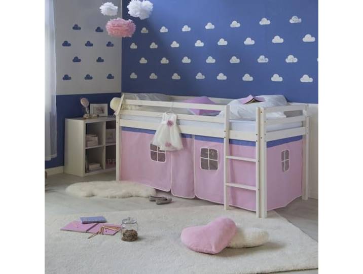 Homestyle4u Kinderhochbett 90x200 - Kiefer Weiß - Hochbett mit Rutsche Inklusive Matratze, Lattenrost und rosa Vorhang - stabiles Massivholz - Leiter beidseitig montierbar - Bett für Kinder