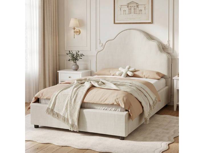 Lit enfant 90x200 avec sommier tissu lin beige hypoallergénique design nuage sécurisé sans coins pointus assemblage rapide