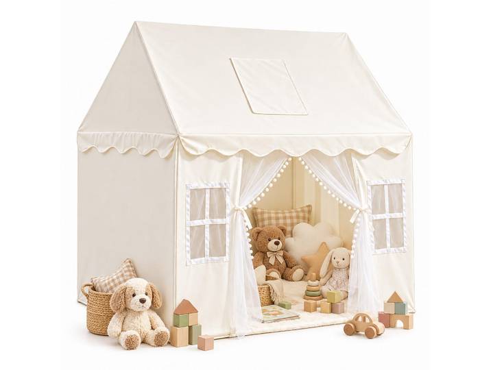 Relaxdays Spielzelt Beige mit Wimpelkette, Textil, Kunststoff, Metall, 125x95 cm, Spielzeug, Kinderzelte