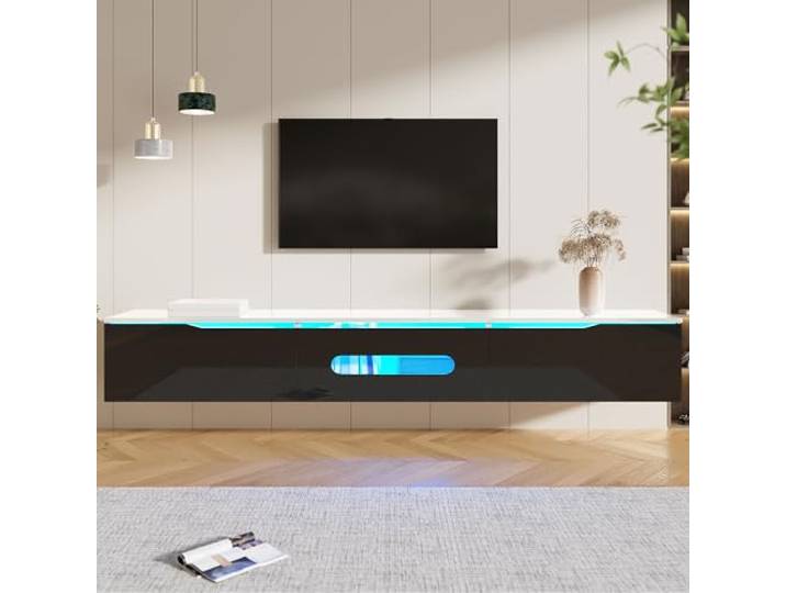 Merax Hochglanz LED TV-Schrank TV-Board TV Lowboard Sideboard Wohnzimmer Fernsehschrank Fernseher Tisch TV Möbel 180 cm,Bluetooth Steuerung, Wandmontage möglich - Schwarz-weißer B