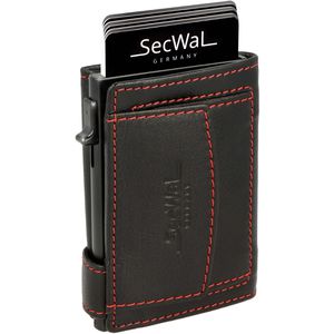 SecWal Kreditkartenetui Echt Leder, schwarz/rot, für 10 Karten, Münzfach mit Druckknopf & Geldscheinfach, RFID Schutz