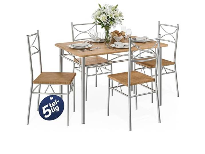 CASARIA Essgruppe mit 4 Stühlen, Buche 5-tlg. Set, 110x70cm, Metall, Holz, Industrial, Modern, Esstisch mit 4 Stühlen, Sitzgruppe, Tisch, Stühle, Esszimmer, Küche