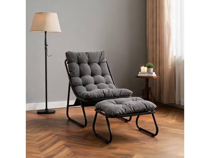 Fauteuil relax de terrasse avec repose-pieds assise inclinable en toile et coussin moelleux gris ardoise structure acier noir