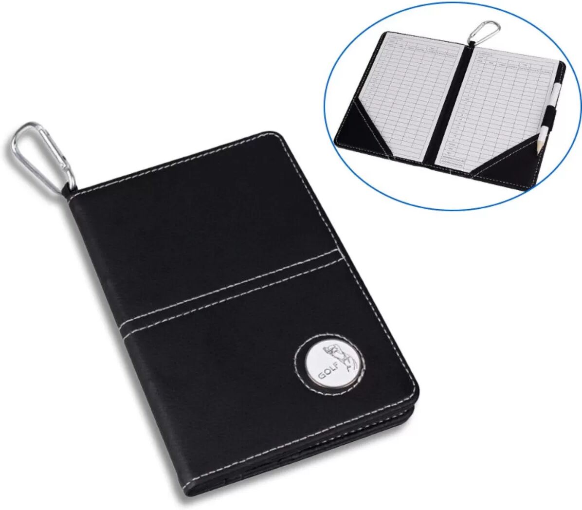 INF Premium PU Leder Golf Scorecard Halter mit Icon, Score Cards & Stift - 16x11cm Schwarz