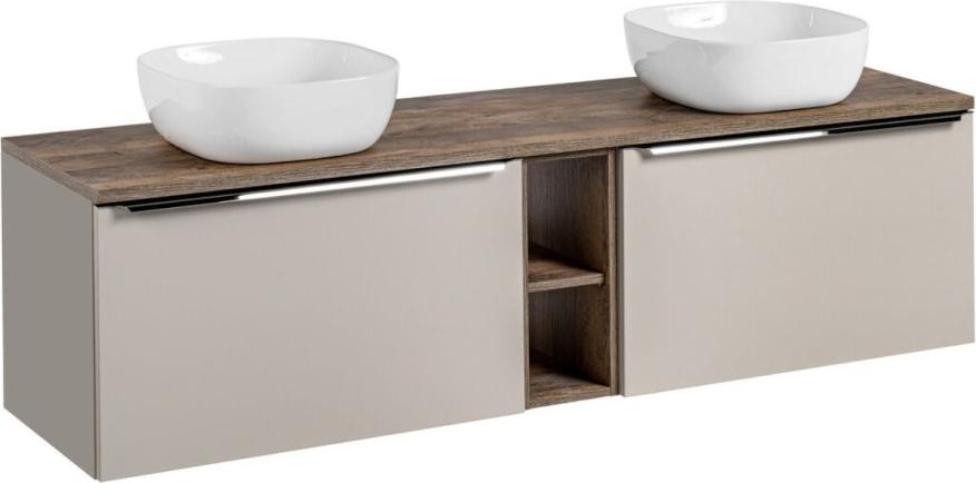 Badezimmer-Set VANTA taupe: Unterschränke 180cm + Waschtischplatte + 2 weiße Aufsatzwaschbecken