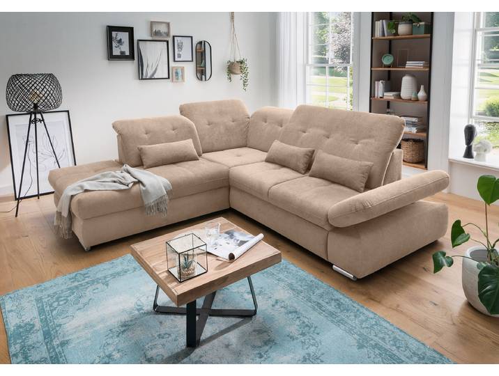 Ecksofa mit Ottomane & Funktion Braun Webstoff Jimin 280 x 86 x 254cm Ottomane davorstehend links mit Schlaffunktion Modern