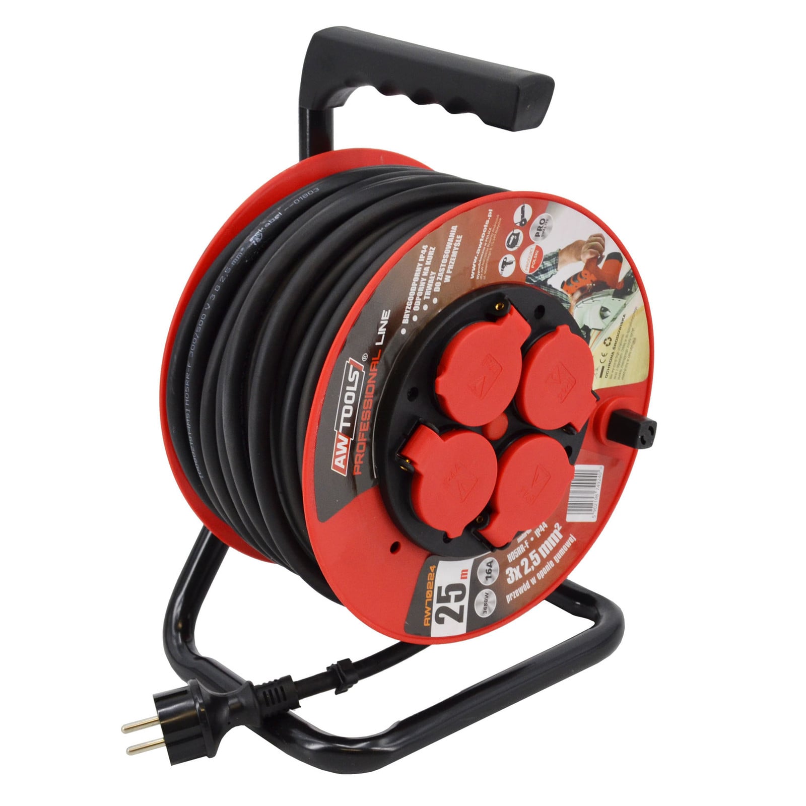 AWTools professionele kabelhaspel, 30 meter, 3x2,5mm, 16A / 3680W, IP44