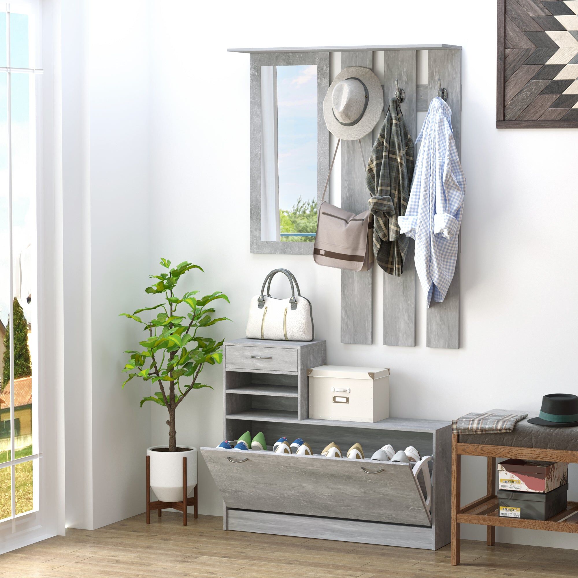 benzoni Mobile Guardaroba per Ingresso con Specchio Appendiabiti e Scarpiera Regolabile Grigio cemento 90x22x116 cm...