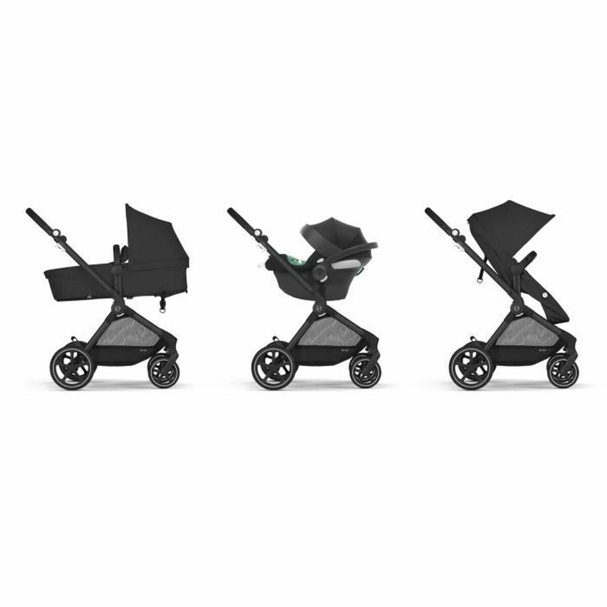 Cybex EOS 3-in-1 Kinderwagen-Set Moon Black mit Aton B2 i-Size - Babywanne, Buggysitz und Babyschale, ab Geburt bis ca. 4 Jahre (22 kg)
