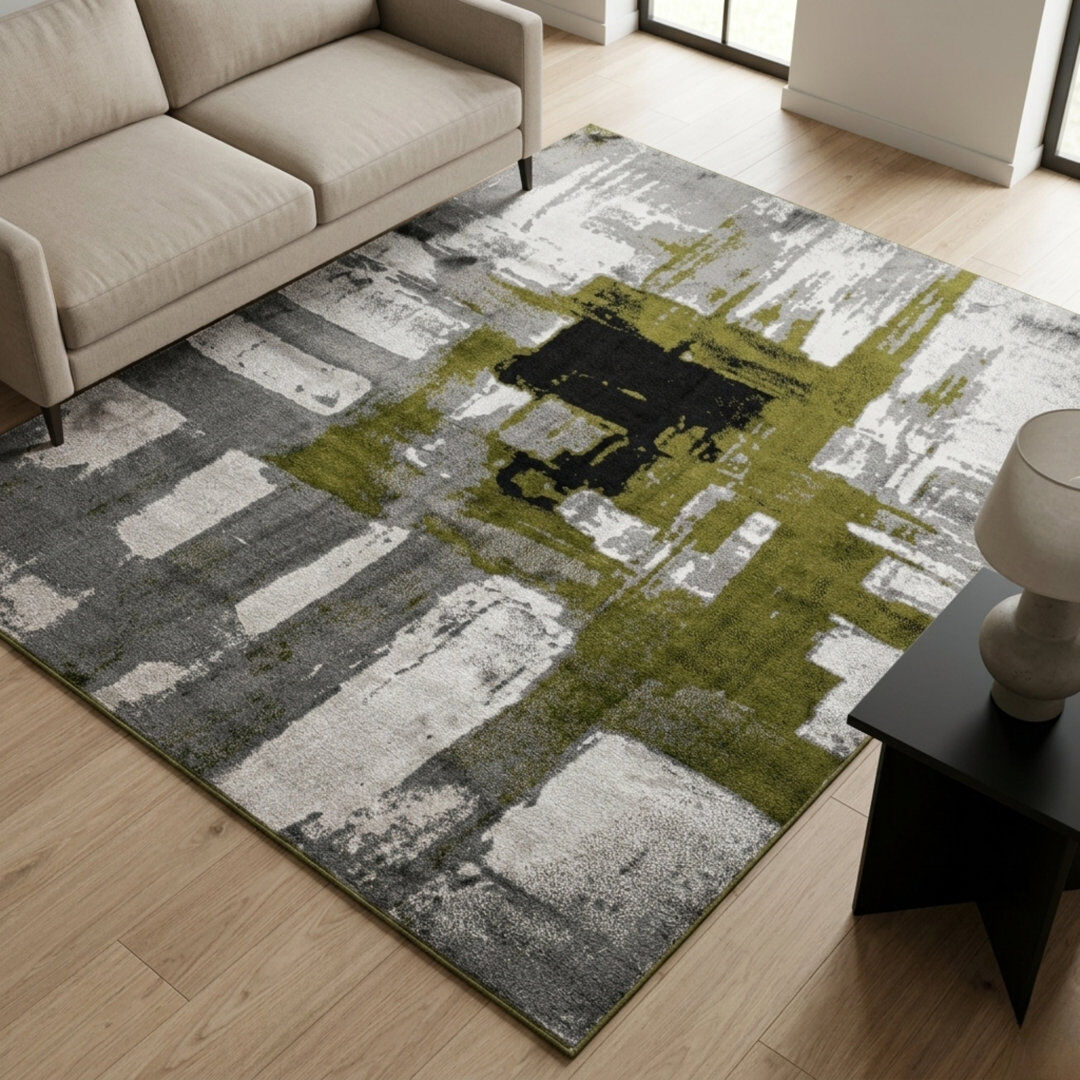 Corrigan Studio Rectangle Abstract Dhurrie Washable Area Rug Green Rectangle 200 x 290 cm