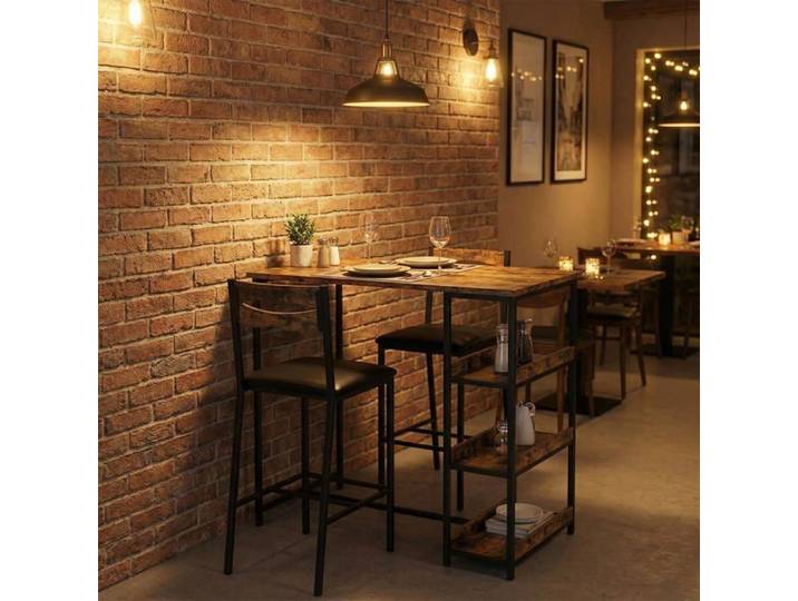 Ensemble bar marron rustique 36 po pour 2 table haute avec chaises rembourrées et étagères petit espace studio