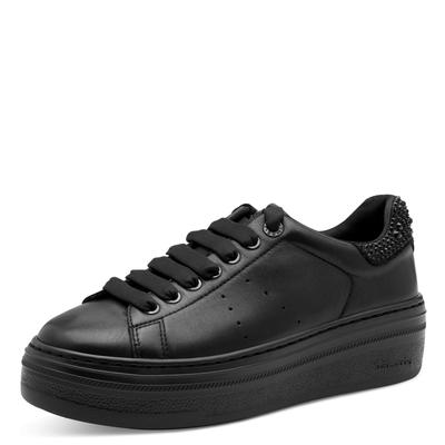 Plateausneaker TAMARIS, Damen, Gr. 40, Textil, schwarz, Leder, Lederimitat, Textil, glänzend, unifarben, Basic, Schuhe Plateausneaker, Schnürschuh, Halbschuh mit Schmucksteinen an der Ferse, Damensneaker