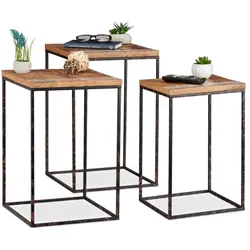Relaxdays Beistelltisch 3er Set Mangoholz Braun,Hellbraun,Schwarz