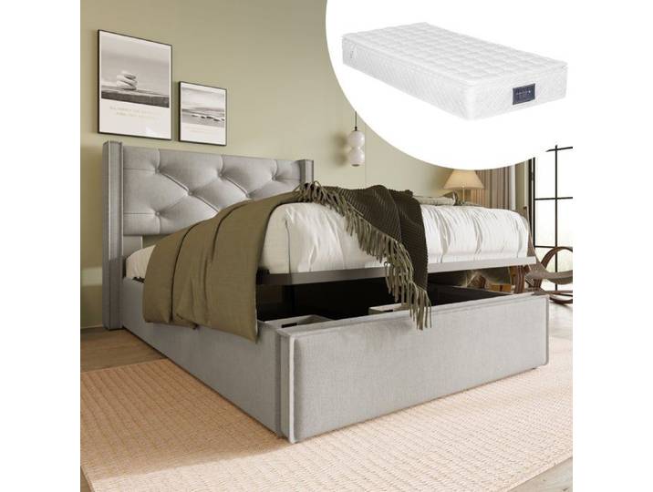 Lit coffre 90x200 avec matelas rembourré gris clair rangement intérieur