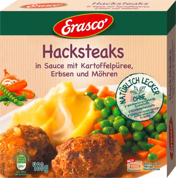 Erasco Hacksteaks in Sauce mit Kartoffelpüree, Erbsen und Möhren 3336710005