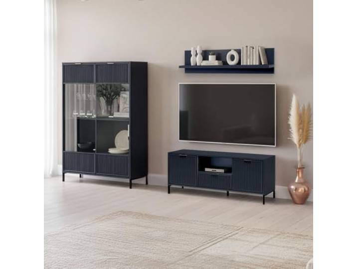 Lomadox Wohnwand Anbauwand Wohnzimmer Set Indigo blau modern 3-teilig Highboard Wandregal Lowboard