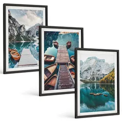 BILDER SET 3er Set - 40x60 cm Schwarzer Rahmen - See, Brücken, Berge