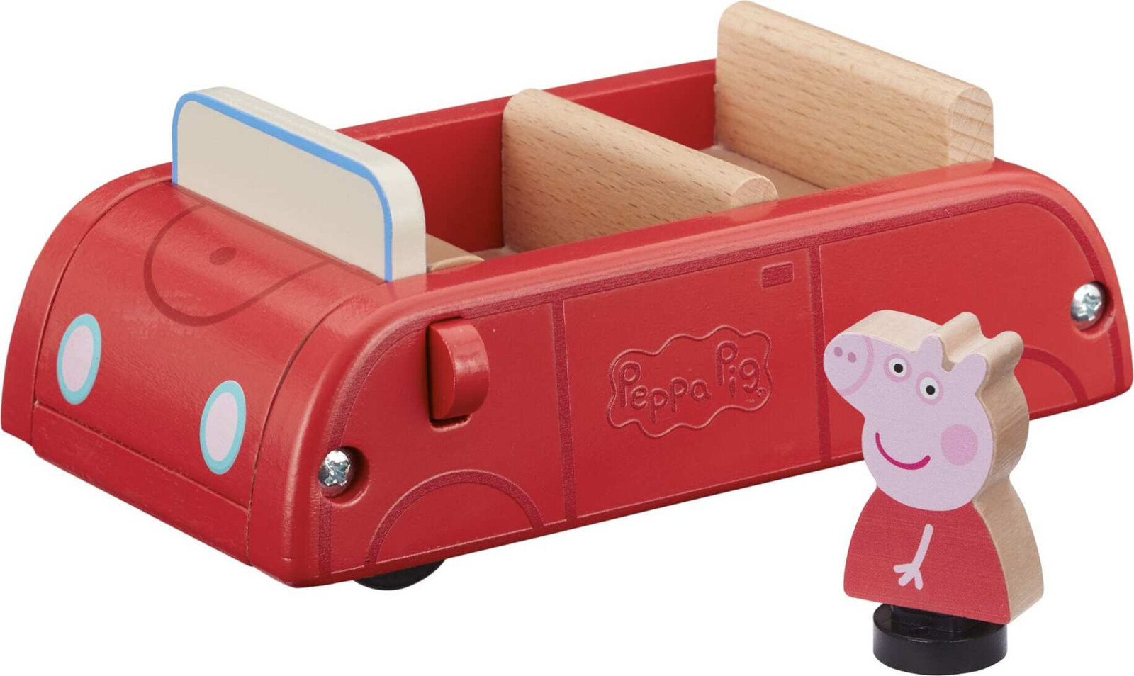 Peppa Wutz houten speelgoed rode familiewagen met Peppa-figuur