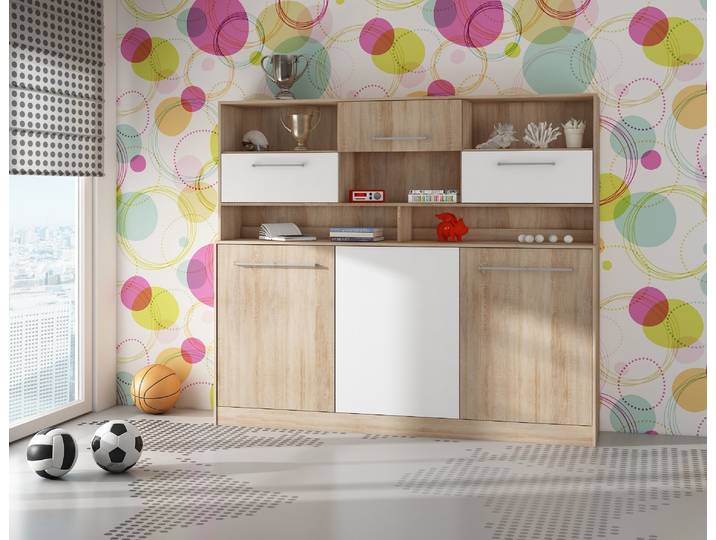 Lit mural horizontal Lit escamotable ROGER 90x200 cm Lit mural escamotable\, lit escamotable armoire\, armoire avec lit escamotable intégré\, lit fonctionnel (SONOMA CHÊNE / BLANC (avec étagères supplémentaires)