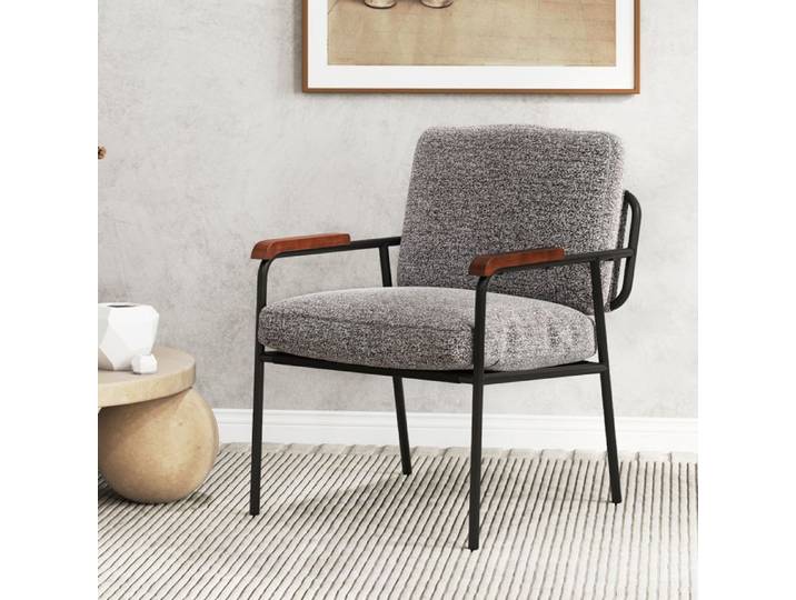 Fauteuil de Salon - RELAX4LIFE - Accoudoirs en Bois - Cadre Métallique Robuste - Chaise de Salon Rembourrée - Charge 150KG - Gris