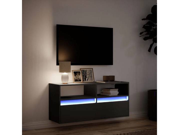 NEUF Armoire TV - Noir - Meuble TV/HIFI - Montage mural - avec lumières LED - noir 100x31x45 cm TT2506