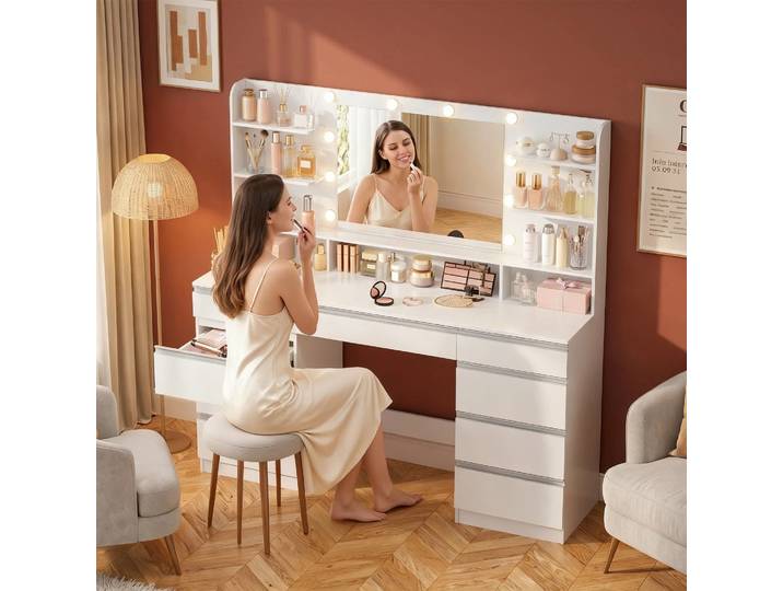 Table de toilette blanche Hzuaneri de 108 cm avec grand miroir, table de maquillage avec 6 tiroirs et compartiments de rangement latéraux ouverts
