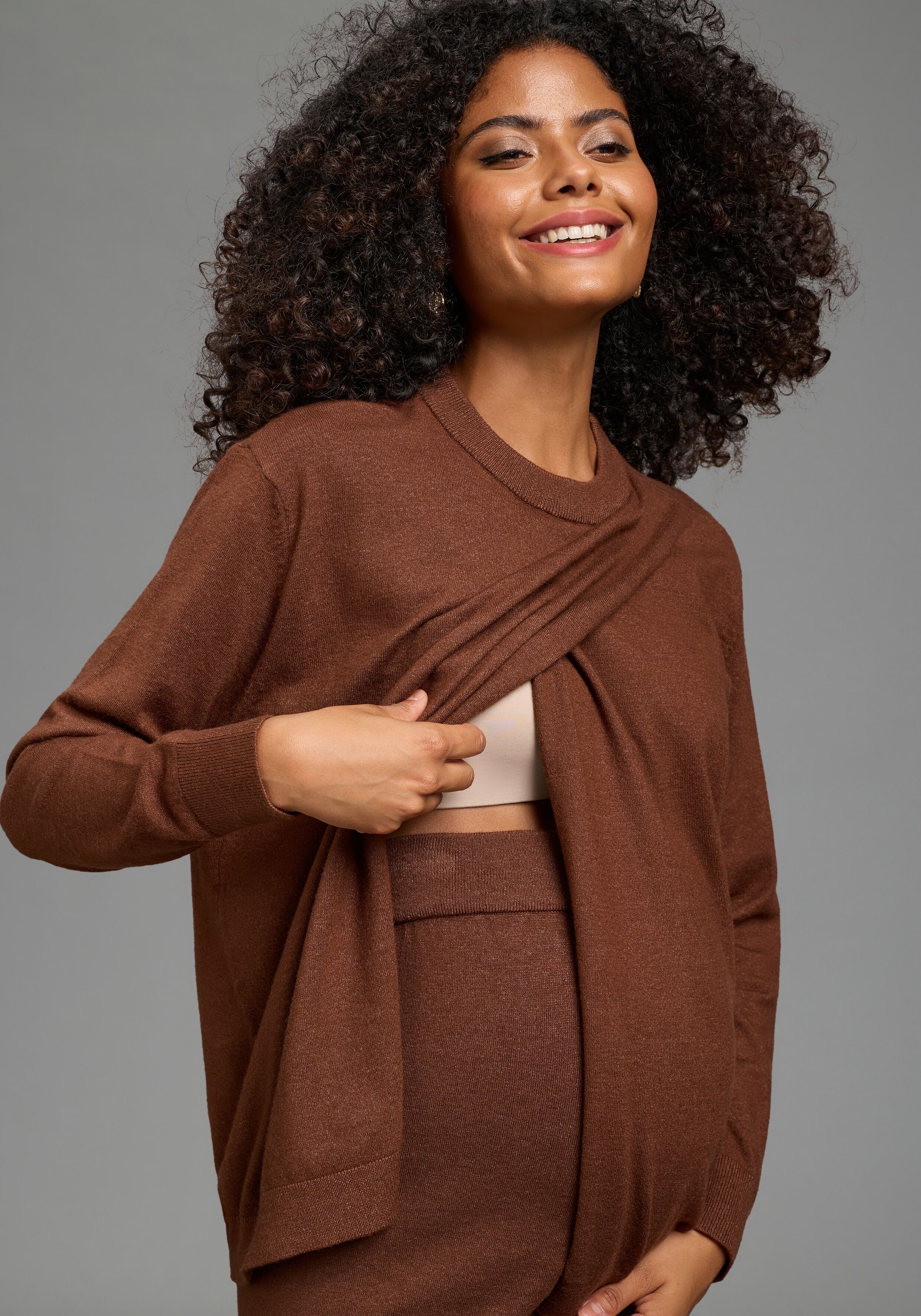 Umstandspullover NEUN MONATE "Pullover für Schwangerschaft und Stillzeit", Damen, Gr. 36/38, braun (braun meliert), Feinstrick, Obermaterial: 50% Viskose, 28% Polyester, 22% Polyamid, meliert, unifarben, Basic, bequem hüftlang, Rundhals, Rippbündchen, Pul