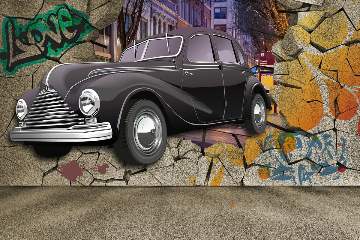 Fototapete PAPERMOON "Auto durch Mauer", bunt, B:2,5m L:1,86m, Vlies, Tapeten, Fototapete
