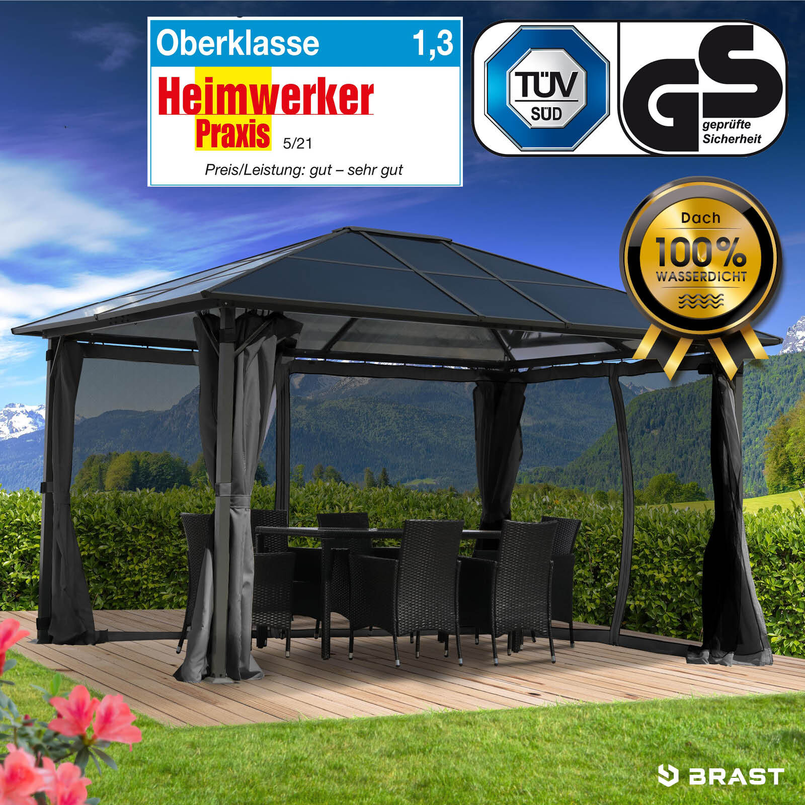 Brast Alu Pavillon PREMIUM mit festem Dach 3x4m grau