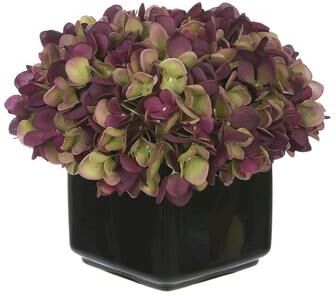 House of Silk Flowers Faux Hydrangea in Small Black Cube Ceramic Vase