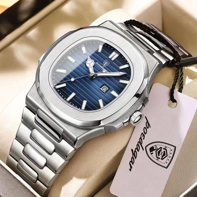 Uplifted Trends Square Luxury Mens Wristwatch Waterproof Luminous Stainless Steel Quartz Watch For Business & Sports silver Blue